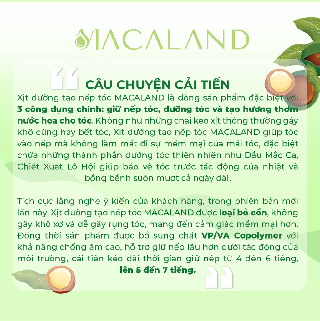 Xịt giữ nếp tạo kiểu và dưỡng tóc 2in1 100ml MACALAND hương nước hoa