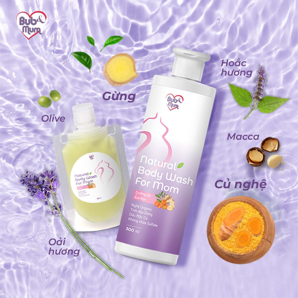 Sữa Tắm Thảo Mộc Gừng Nghệ Organic 50g/500ml BuB&MuM Làm Đều Màu Da, Giữ Ấm Cơ Thể Cho Bà Bầu Và Mẹ Sau Sinh