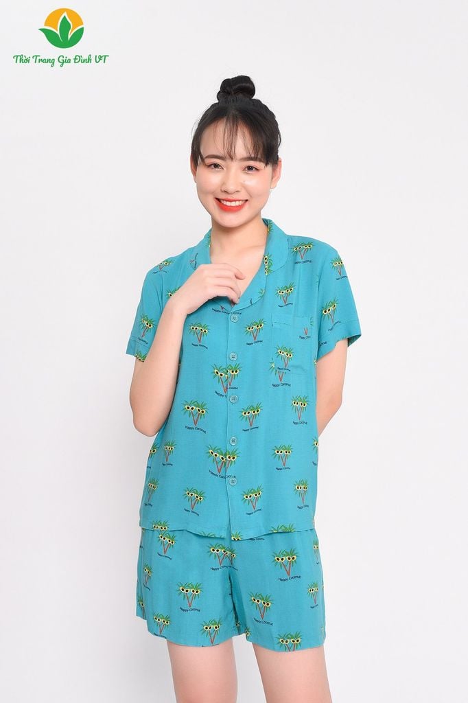 B03.2311. Đồ bộ pijama lanh nữ mùa hè Việt Thắng quần đùi, áo cộc tay