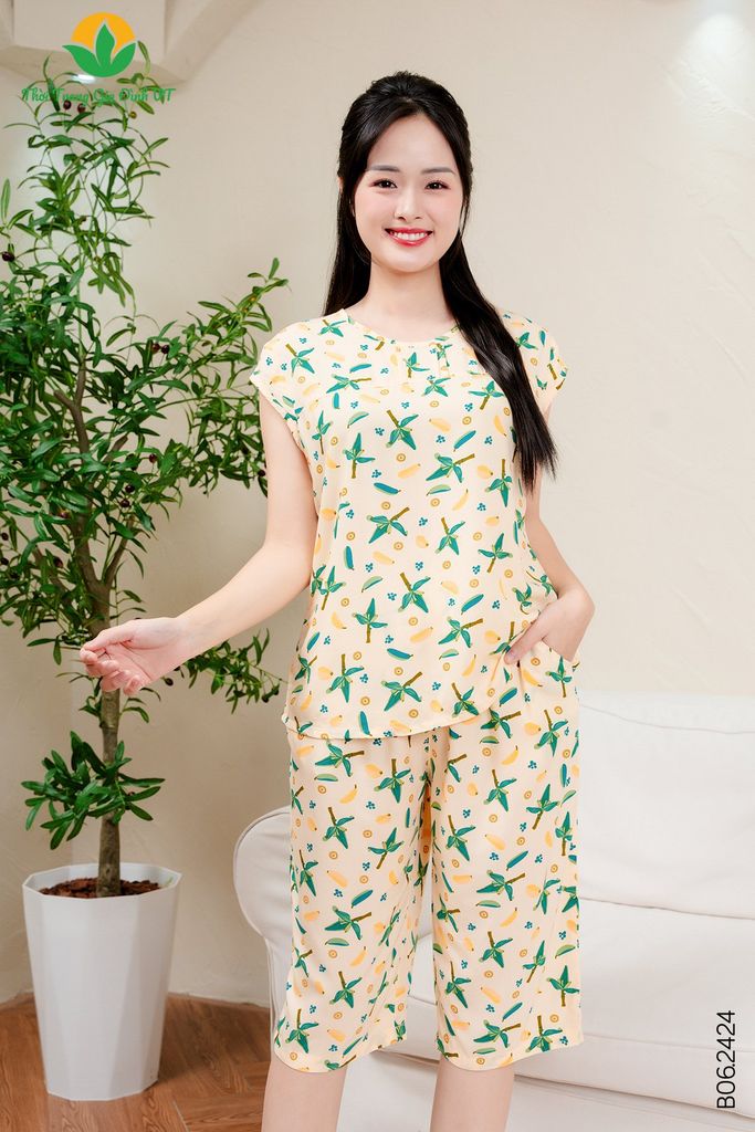 B06.2424.Bộ lanh mặc nhà nữ mùa hè Việt Thắng quần lửng áo cộc tay nẹp cổ