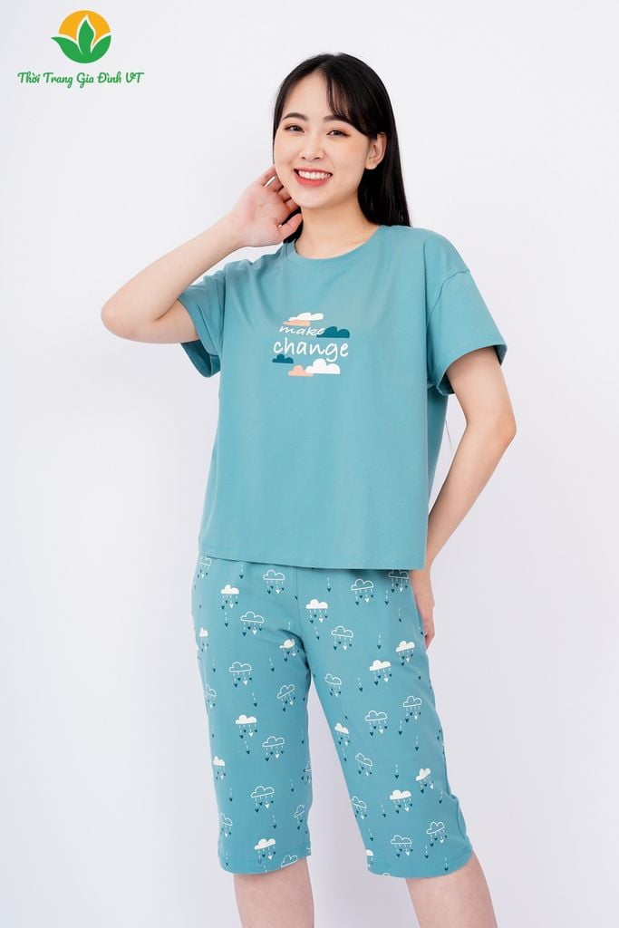 B46.2309.Bộ đồ cotton dệt kim nữ Việt Thắng quần lửng áo cộc tay in hình