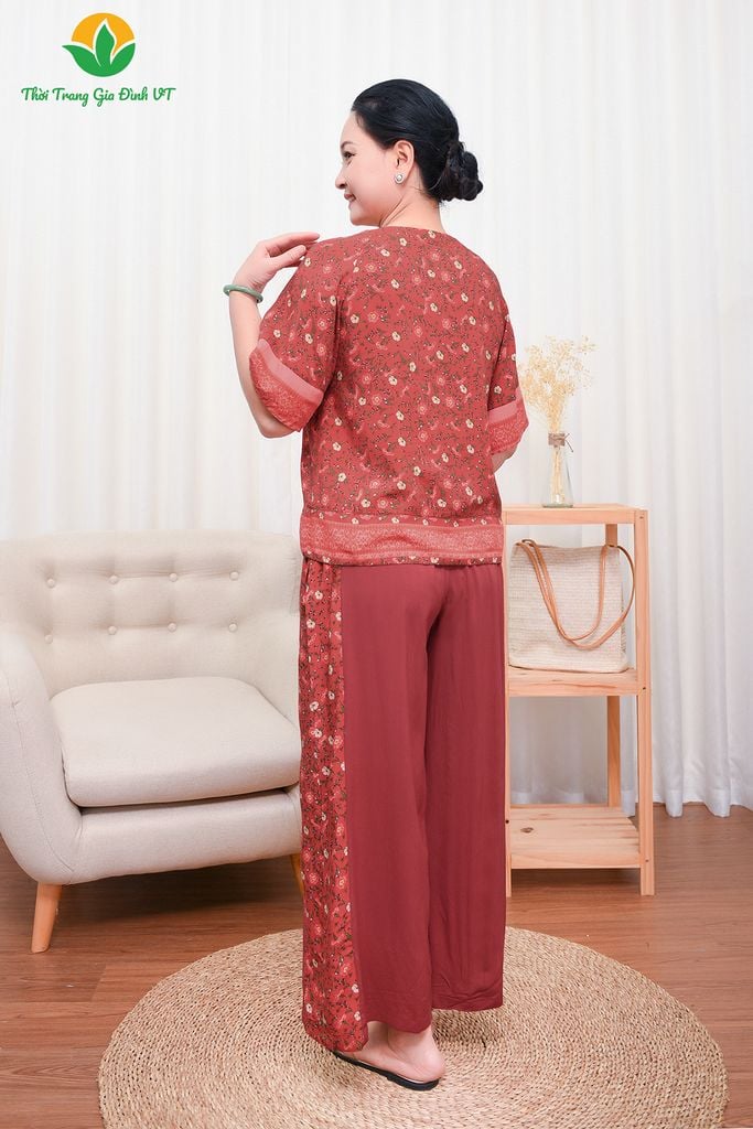 B08.2302. Bộ Đồ lanh trung niên mặc nhà Việt Thắng, quần dài, áo cộc tay, phối dọc quần