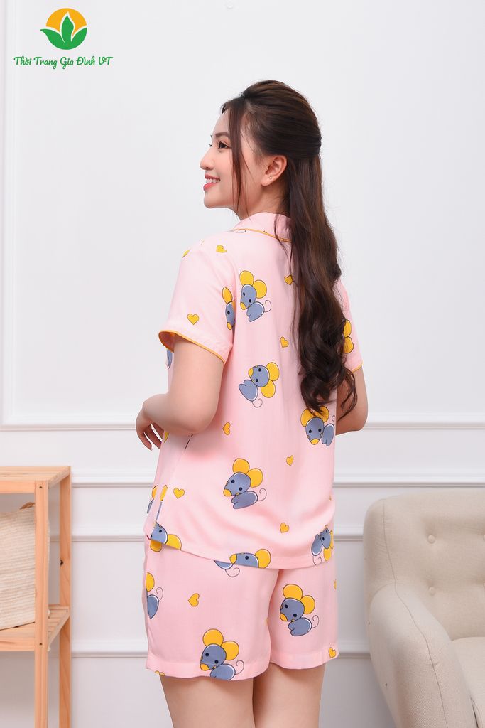 B03.2305. Bộ lanh mặc nhà Pijama nữ Việt Thắng quần đùi áo cộc tay