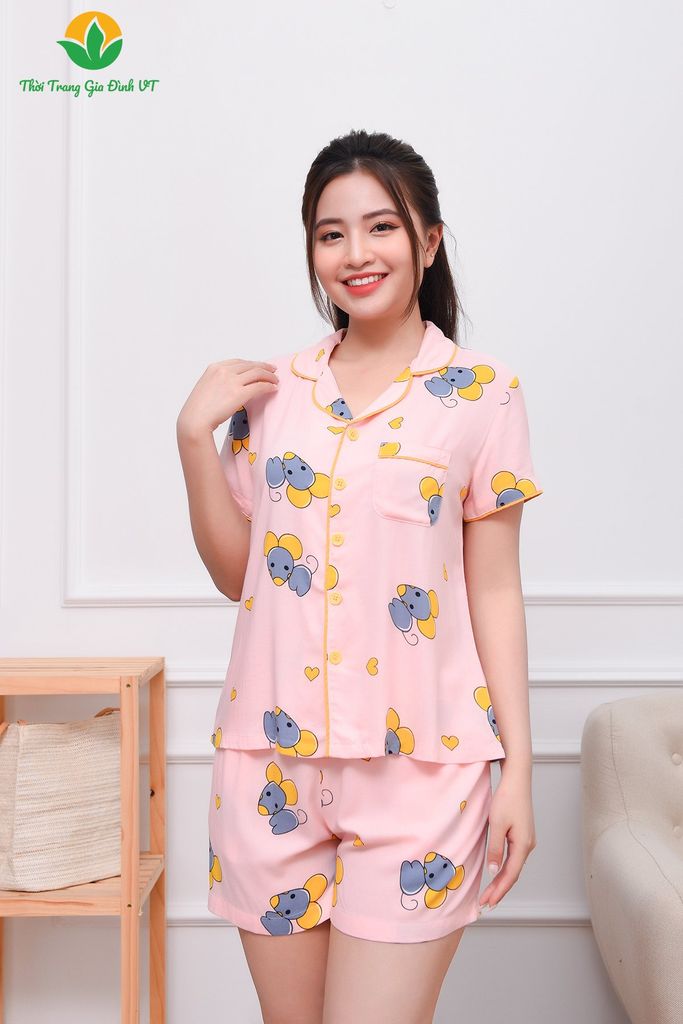 B03.2305. Bộ lanh mặc nhà Pijama nữ Việt Thắng quần đùi áo cộc tay