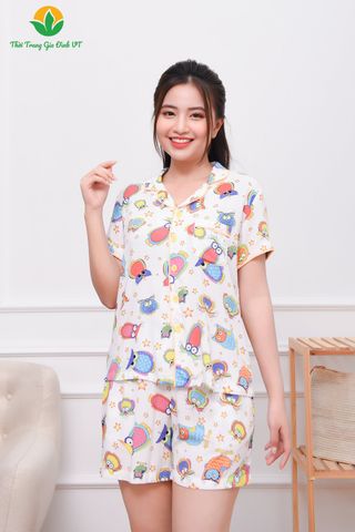 B03.2305. Bộ lanh mặc nhà Pijama nữ Việt Thắng quần đùi áo cộc tay