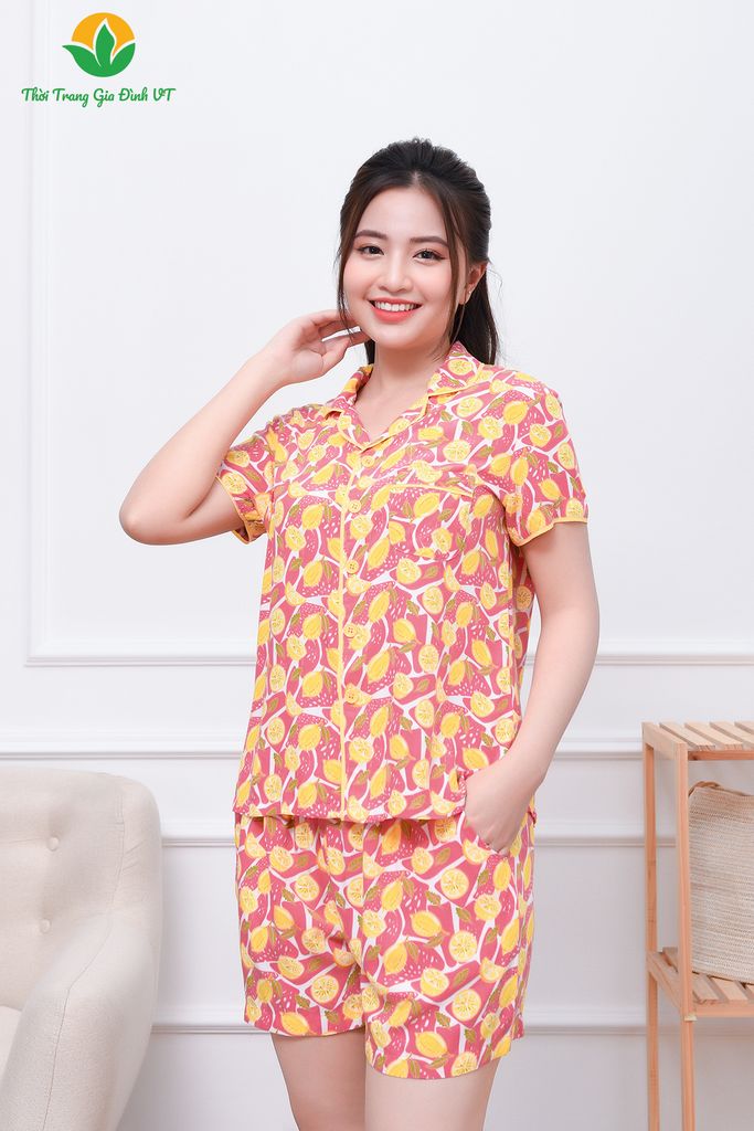 B03.2305. Bộ lanh mặc nhà Pijama nữ Việt Thắng quần đùi áo cộc tay