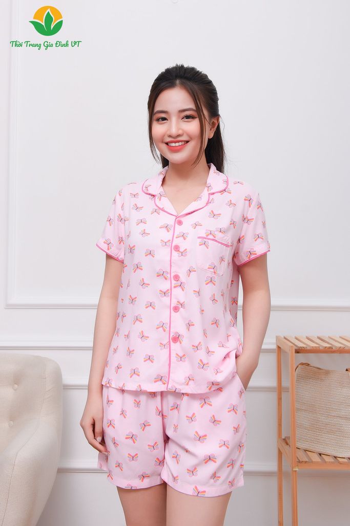 B03.2305. Bộ lanh mặc nhà Pijama nữ Việt Thắng quần đùi áo cộc tay