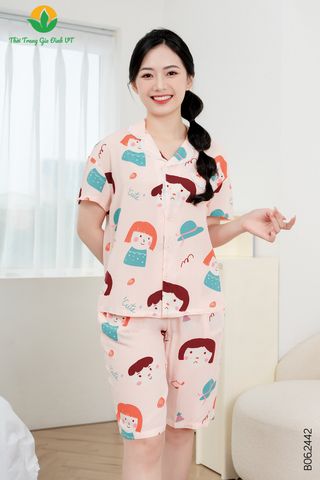 B06.2442.Bộ lanh nữ quần lửng áo cộc tay pijama phối ren