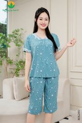 B06.2410.Bộ lanh nữ quần lửng áo cộc tay cổ V phối ren