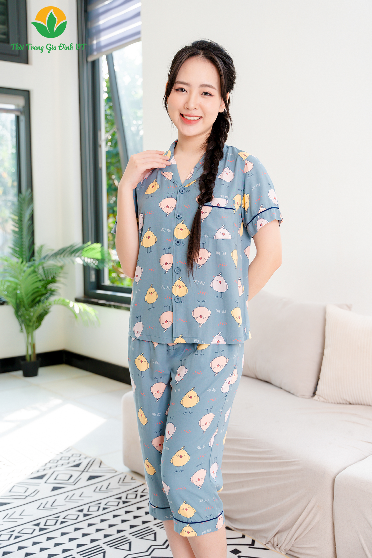 B06.2416. Bộ pijama mặc nhà mùa hè Việt Thắng lanh nữ quần lửng áo cộc tay