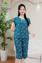 B06.2436.Bộ lanh nữ quần lửng áo cộc tay cổ xẻ phối ren