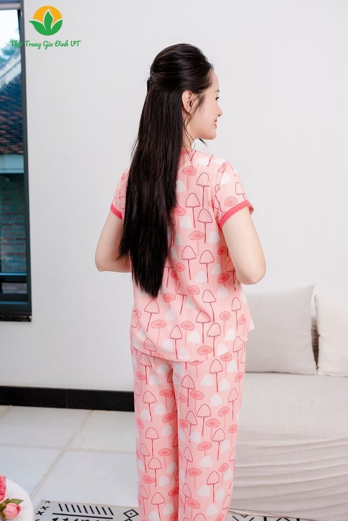 B08.2406. Bộ lanh nữ Việt Thắng quần dài áo cộc tay pijama cổ sam