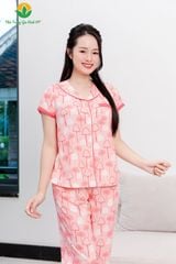 B08.2406. Bộ lanh nữ Việt Thắng quần dài áo cộc tay pijama cổ sam