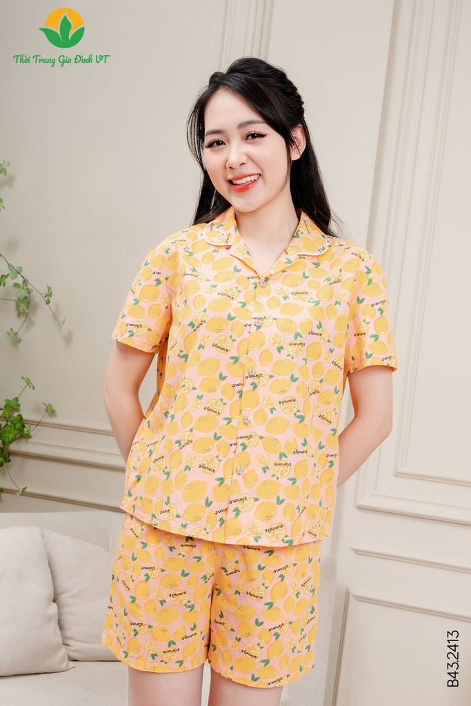 B43.2413.Bộ cotton nữ quần đùi áo cộc tay Pijama