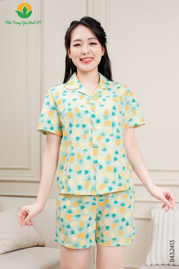 B43.2413.Bộ cotton nữ quần đùi áo cộc tay Pijama