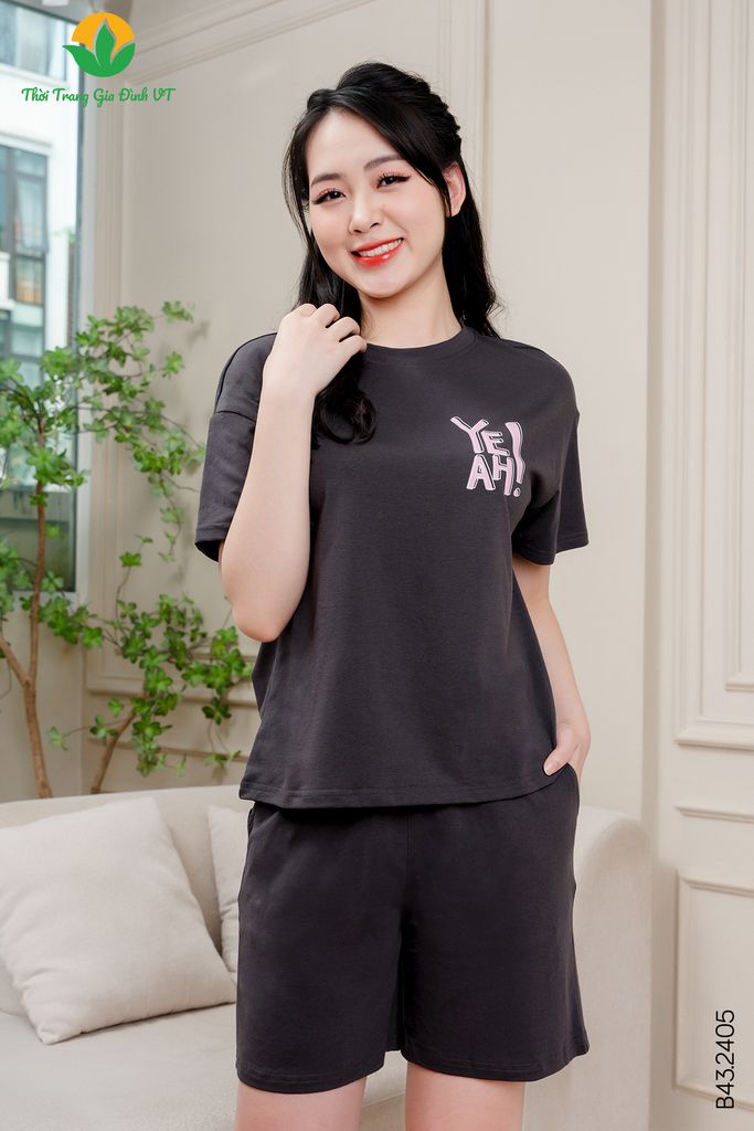 B43.2405.Bộ cotton dệt kim nữ quần đùi áo cộc tay màu