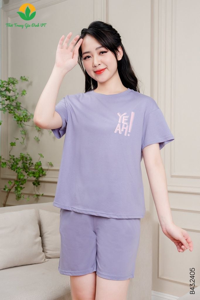 B43.2405.Bộ cotton dệt kim nữ quần đùi áo cộc tay màu