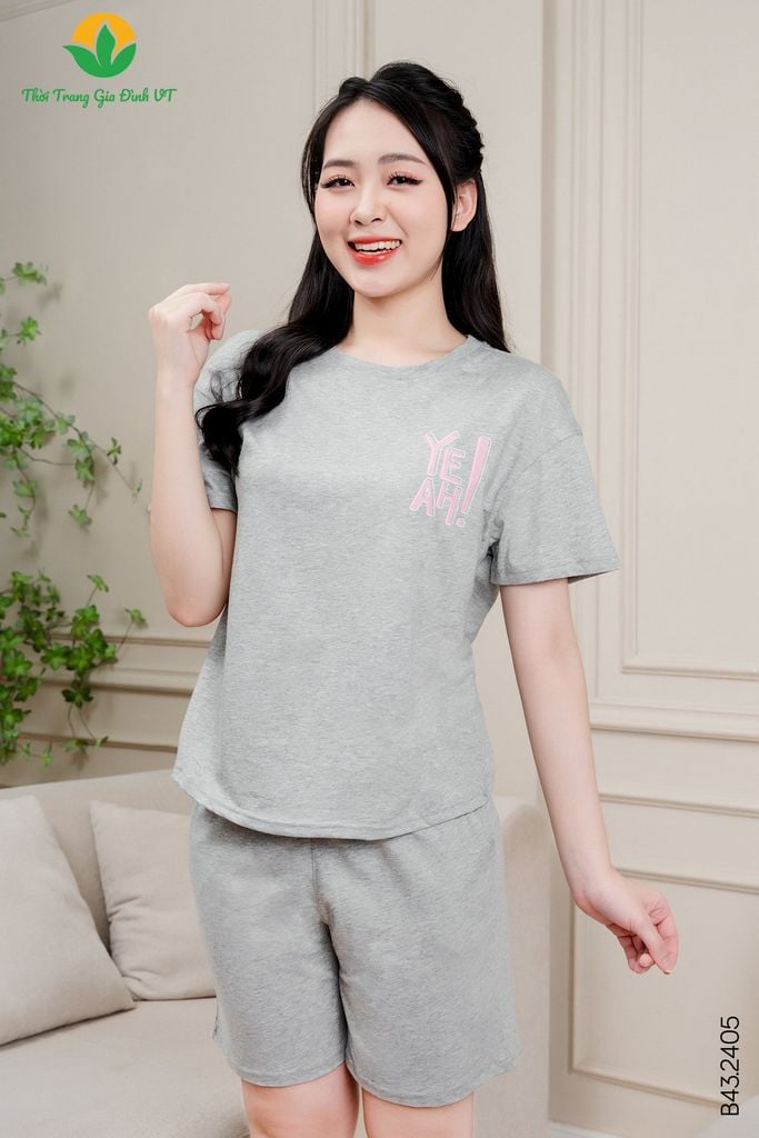 B43.2405.Bộ cotton dệt kim nữ quần đùi áo cộc tay màu