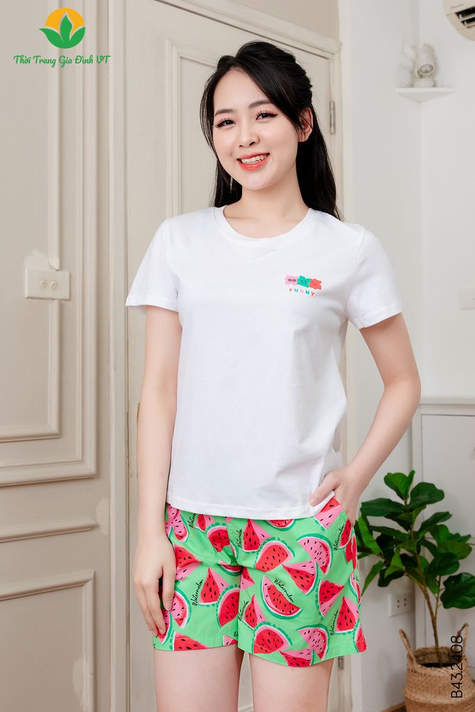 B43.2408.Bộ cotton dệt kim nữ quần đùi áo cộc tay phối Cotton