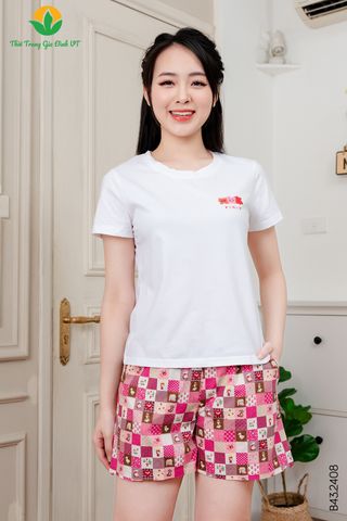 B43.2408.Bộ cotton dệt kim nữ quần đùi áo cộc tay phối Cotton