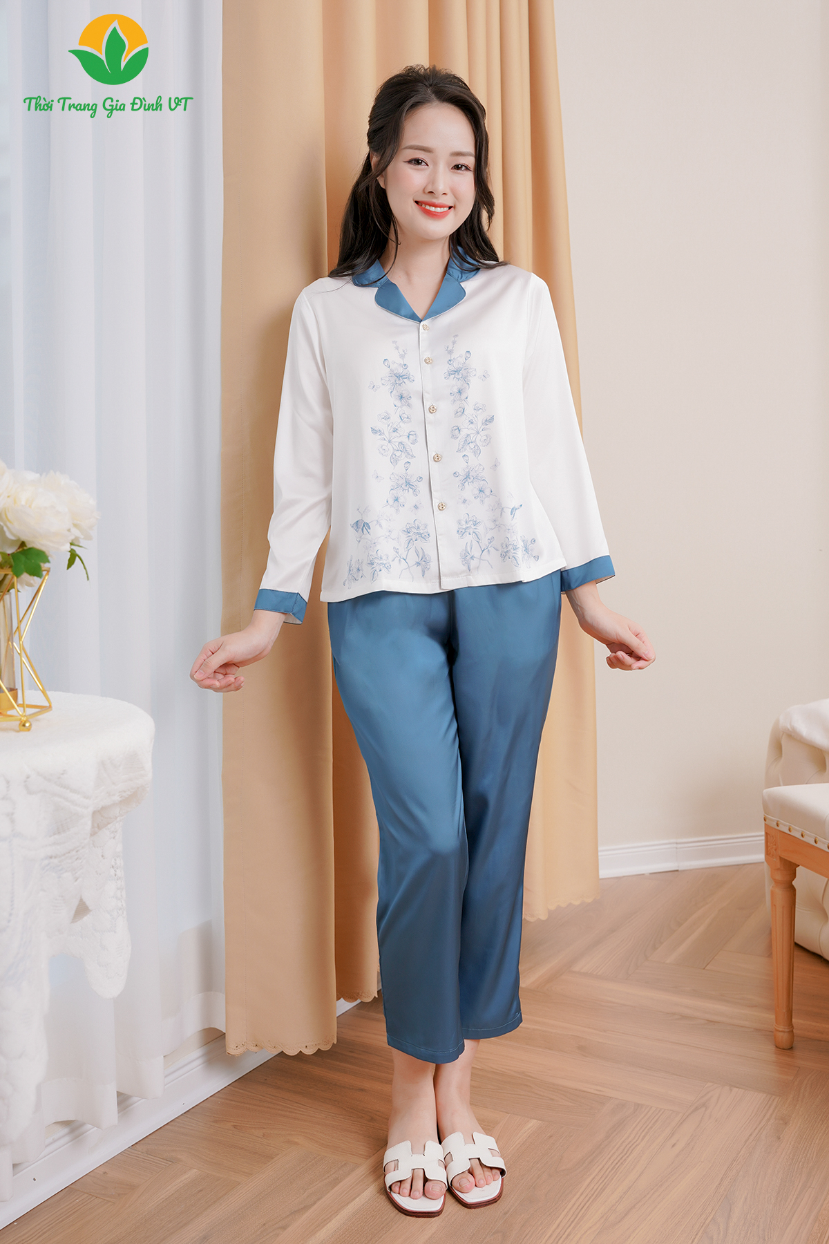 B50.2308.Bộ pijama lụa nữ quần dài áo dài tay