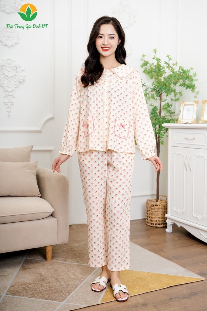 B50.2330. Bộ đồ nữ Việt Thắng chất liệu cotton xốp quần dài áo dài tay cổ sen bèo