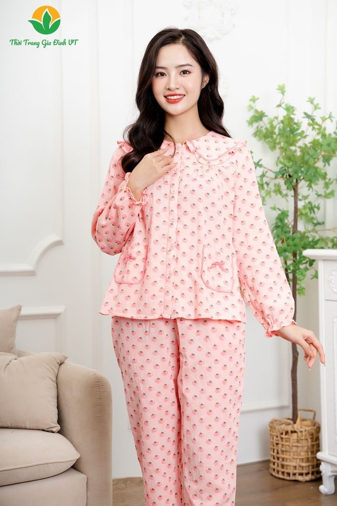 B50.2330. Bộ đồ nữ Việt Thắng chất liệu cotton xốp quần dài áo dài tay cổ sen bèo