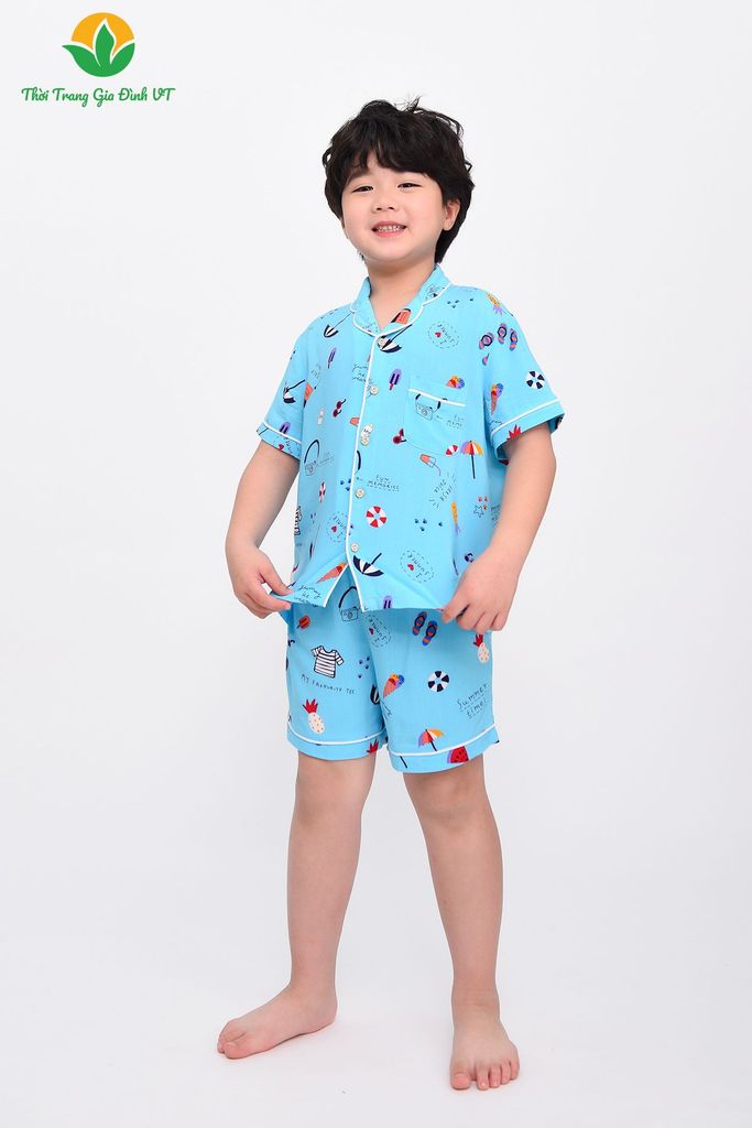 B63.2306. Bộ lanh bé trai mặc nhà Việt Thắng quần đùi áo cộc tay Pijama