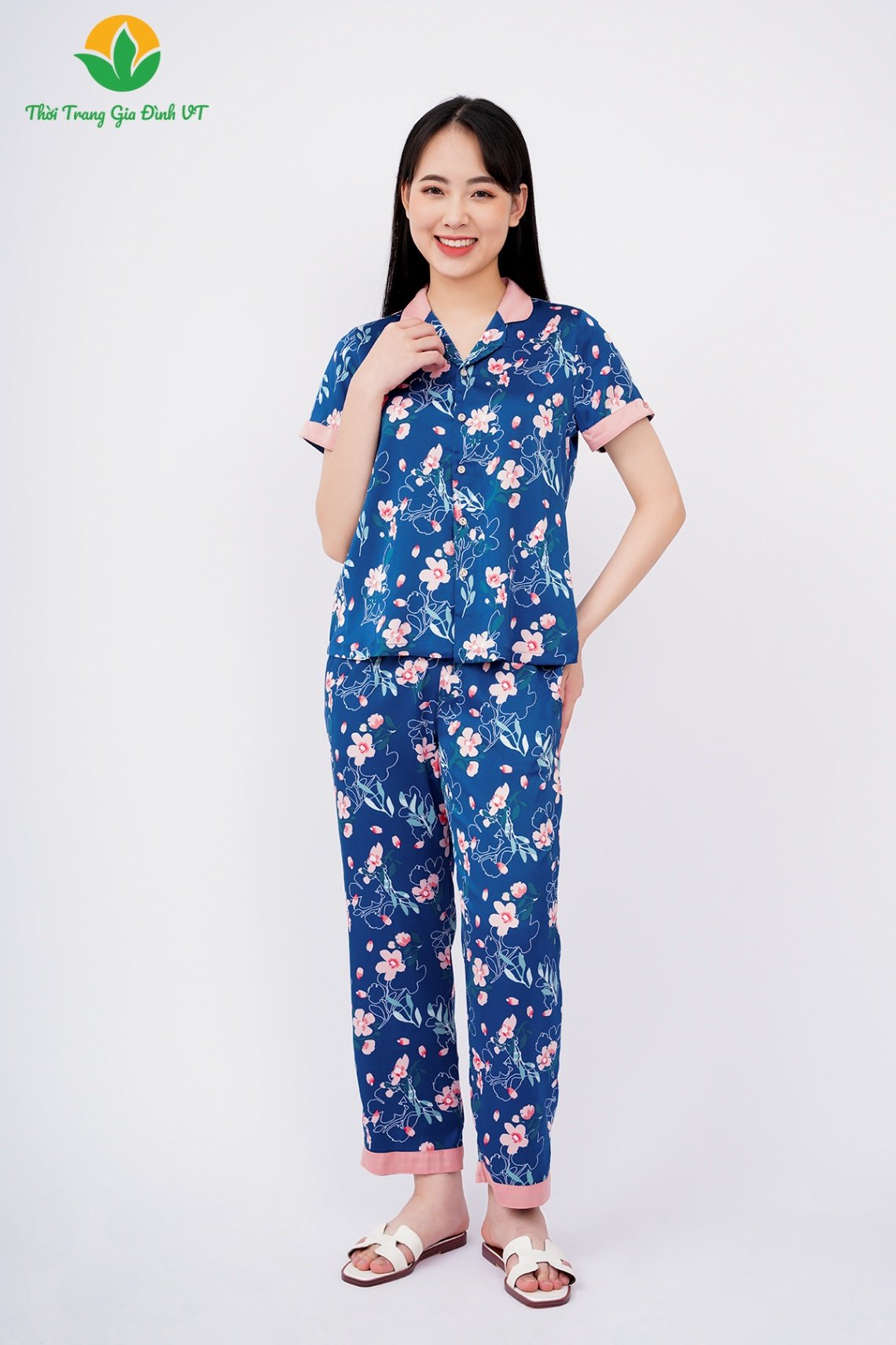B48.2301.Bộ pijama lụa nữ cao cấp Việt Thắng quần dài, áo cộc tay