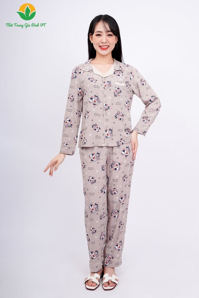 B10.2301. Bộ Pijama lanh nữ mặc nhà Việt Thắng quần dài áo dài tay phối ve cổ