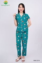 B08.2314. Bộ Pijama lanh nữ Việt Thắng quần dài áo cộc tay phối lé