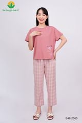 B48.2305. Bộ cotton mặc nhà nữ Việt Thắng quần dài áo cộc tay phối kẻ