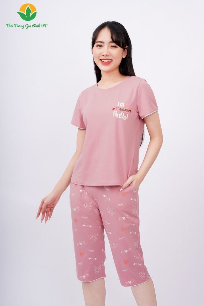 B46.2310. Bộ cotton dệt kim nữ Việt Thắng quần lửng áo cộc tay lé gấu