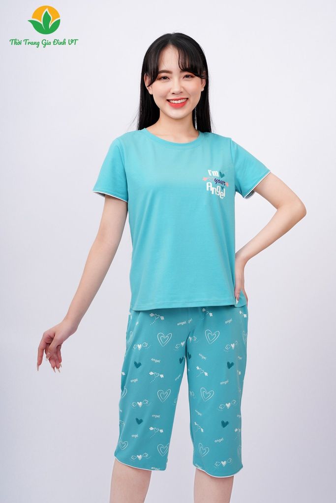 B46.2310. Bộ cotton dệt kim nữ Việt Thắng quần lửng áo cộc tay lé gấu