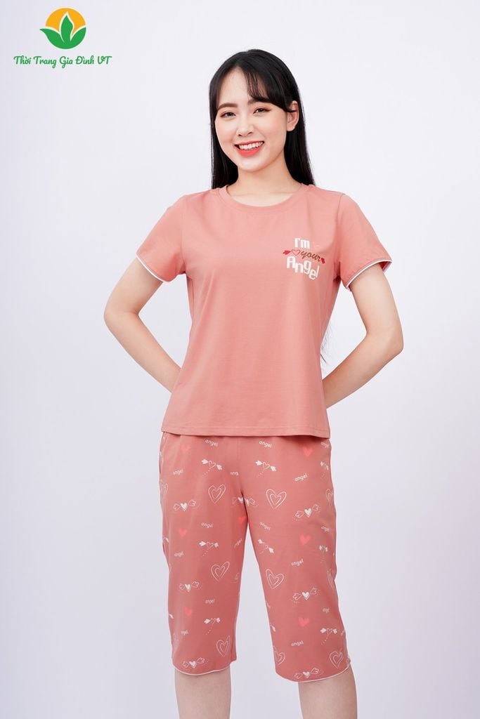 B46.2310. Bộ cotton dệt kim nữ Việt Thắng quần lửng áo cộc tay lé gấu