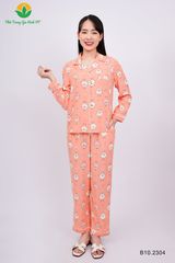 B10.2304. Bộ đồ Pijama lanh mặc nhà cho nữ Việt Thắng quần dài, áo dài tay phối ren