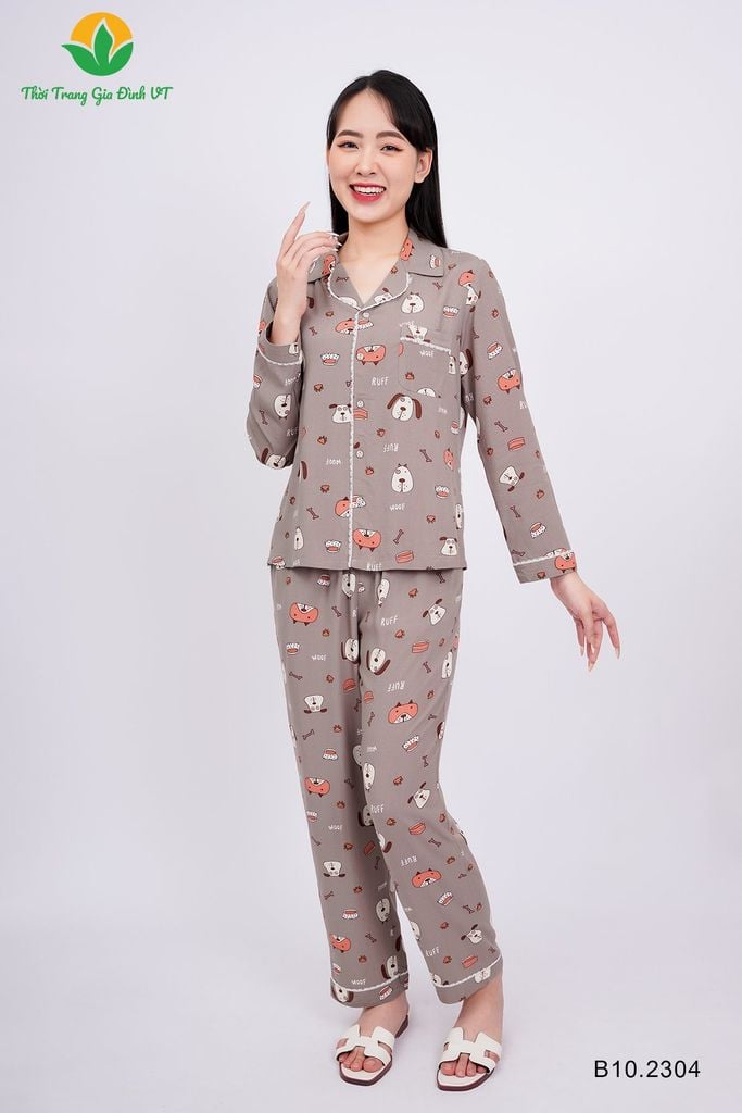 B10.2304. Bộ đồ Pijama lanh mặc nhà cho nữ Việt Thắng quần dài, áo dài tay phối ren