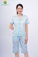 B46.2308. Bộ lụa nữ mùa hè Việt Thắng quần lửng áo cộc tay, in hình