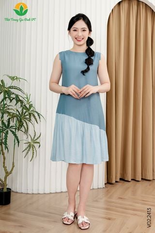 V02.2413.Váy linen nữ sát nách màu phối gấu