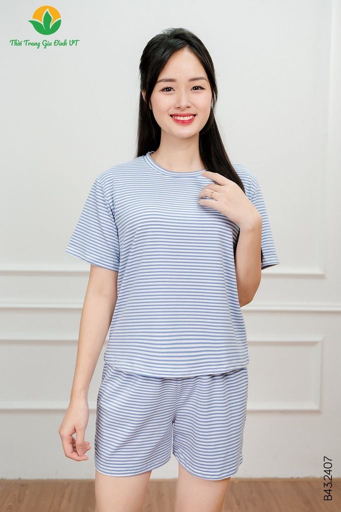 B43.2407.Bộ mặc nhà cotton dệt kim nữ Việt Thắng quần đùi áo cộc tay kẻ