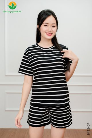 B43.2407.Bộ mặc nhà cotton dệt kim nữ Việt Thắng quần đùi áo cộc tay kẻ