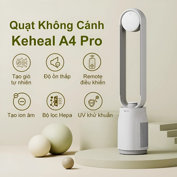 QUẠT KHÔNG CÁNH KIÊM LỌC KHÍ KEHEAL A4 PRO TIẾNG VIỆT – LÕI LỌC HEPA H13 TĂNG KHẢ NĂNG LỌC KHÍ, UV KHỬ KHUẨN, ION ÂM