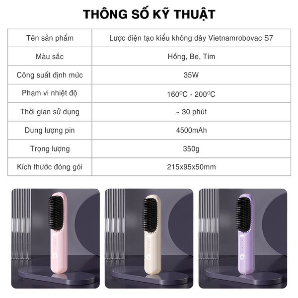 LƯỢC ĐIỆN TẠO KIỂU KHÔNG DÂY VIETNAMROBOVAC S7 - CHĂM SÓC TÓC SUÔN MƯỢT