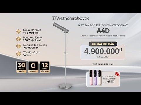 MÁY SẤY TÓC ĐỨNG VIETNAMROBOVAC A4D - Công Suất 1700W - Chăm Sóc Tóc Mềm Mại Bằng ion Âm - Điều Chỉnh Góc 180 Độ