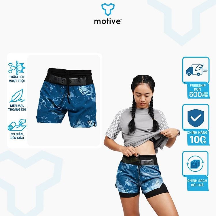 Quần Short Thể Thao Chạy Bộ Nữ Đa Năng MOTIVE WOMAN SHORT BELT - Màu Xanh Họa Tiết (Chưa Bao Gồm Lót Trong)