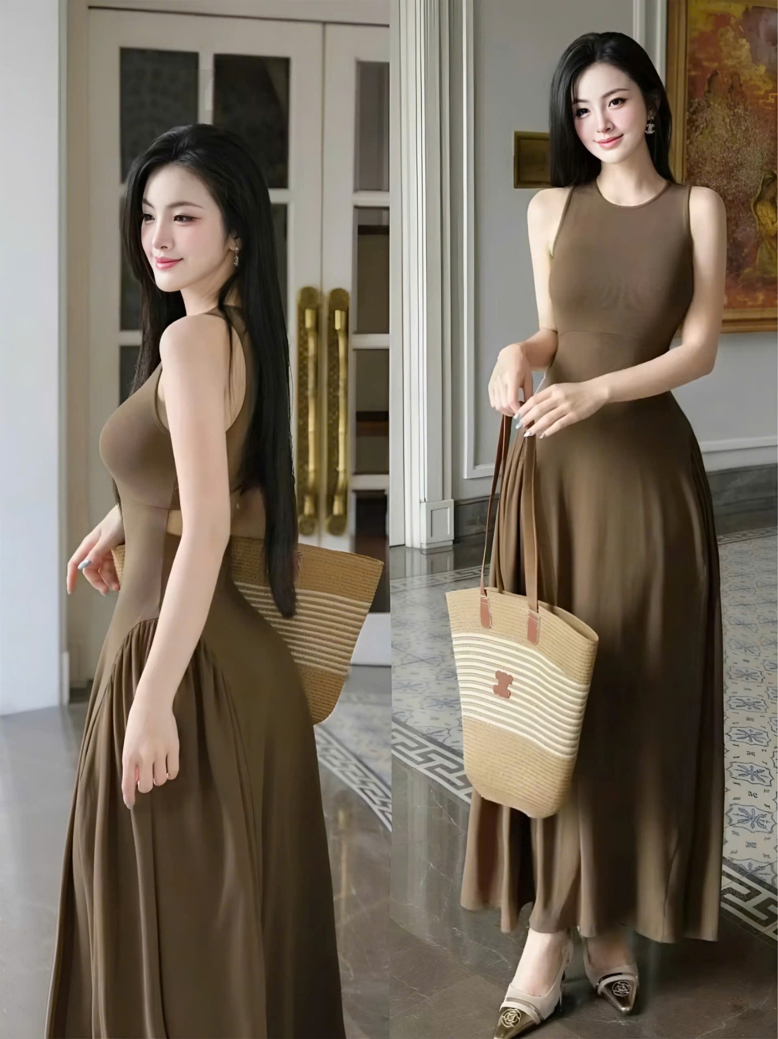  Đầm váy thun nữ dáng dài sát nách ôm body chiết eo xếp ly bồng xòe khoét lưng nhẹ tiểu thư - NÂU - M119 ( dài 170cm shop làm không tiết kiệm vải để khách có thể tự điều chỉnh theo chiều dài mong muốn ) 
