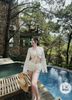 Set bikini áo tay dài croptop phối viền buộc dây mix quần short zum bèo tầng dễ thương - TRẮNG - T290