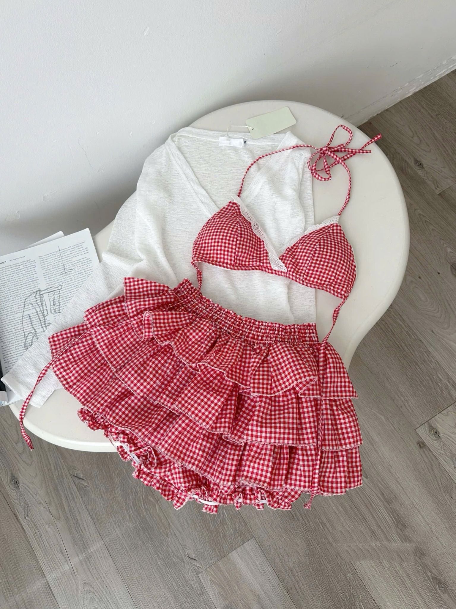  Set 3m bộ bikini kẻ sọc áo 2 dây mix chân váy xếp tầng - ĐỎ - T416 