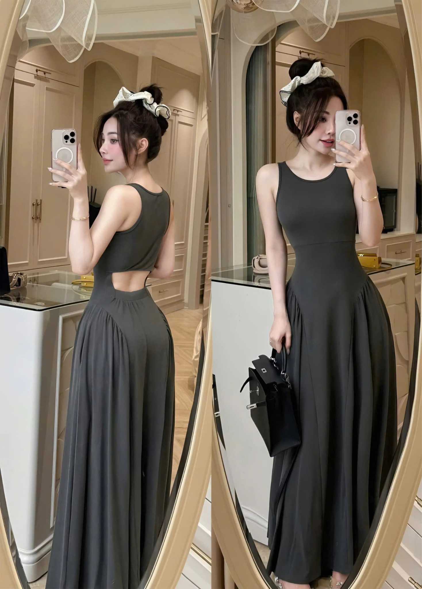  Đầm váy thun nữ dáng dài sát nách ôm body chiết eo xếp ly bồng xòe khoét lưng nhẹ tiểu thư - XÁM - M117 ( dài 170cm shop làm không tiết kiệm vải để khách có thể tự điều chỉnh theo chiều dài mong muốn ) 