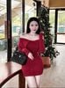 Váy body len trễ vai tay dài khuy bọc siêu xinh - ĐỎ - R07